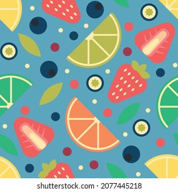 Modern bright minimalistic pattern with various fruits. Multi-colored berries and citrus pieces. The seamless print is suitable for clothing, dresses, t-shirts and bedding. EPS 10
