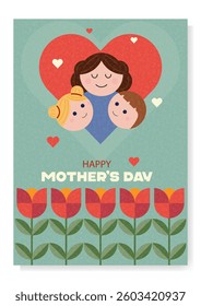 Modern bright Mother's Day poster with texture in green background. Geometric abstract style is perfect for poster cover or flat postcard. Vector illustration.