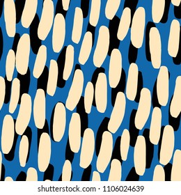Modern bright pattern with hand drawn ink blobs elements. Seamless vector texture with cute brush strokes in different colors.