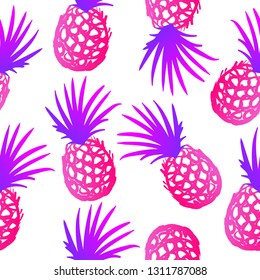 Modern bright pink blue purple tropical  pineapple seamless pattern. Colourful vector art in a Zine culture style.