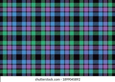 Modern bright pink fuchsia, green and sky blue neon colors on black gingham traditional ornament seamless pattern, textile texture from plaid, tablecloths, shirts, clothes, dresses, bedding, tartan