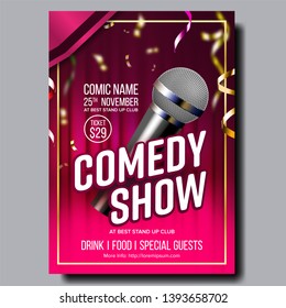 Modern Bright Poster Card Of Comedy Show Vector. Microphone, Golden Confetti, Red Curtain On Background And Entertainment Depicted On Comedy Performance Banner. Realistic 3d Illustration