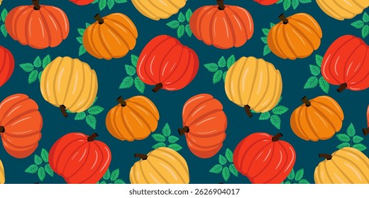 modern bright retro seamless pattern pumpkins leaves emerald background, vibrant vintage fall harvest design, repeating gourd foliage illustration