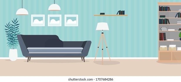 Modern bright room. Living room with a sofa, wardrobe, lamp, paintings. Furniture. Interior. Vector.