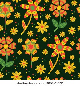 Moderno y brillante patrón sin costuras con flores amarillas en un fondo oscuro. Para textiles y diseño. Ilustración vectorial.