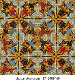 Modern bright seamless traditional ornaments suitable for printing children s textiles, and boys, girls. Geometric decor print abstract illustration of horses on the street with houses. square pattern