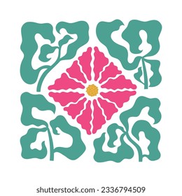 Modern bright square vector abstract flower illustration. Trendy botanical wall art, banner with wild floral plants, leaf in hippie style.