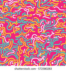 Modern bright stylish irregular background with structure of yellow, blue and white hand drawn twisted lines on pink background. Repeating texture in trendy memphis style. Vector seamless pattern.