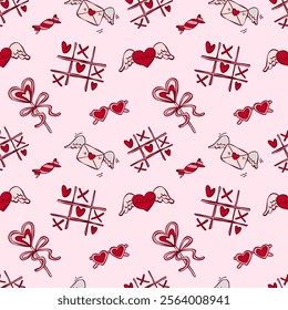 Modern bright Valentines day outline pattern. Red vintage romantic elements on pink background.