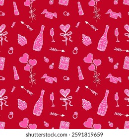 Modern bright Valentines day outline pattern. Pink vintage romantic elements on red background.