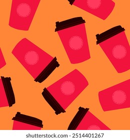 Modern bright vector pattern with a cup of coffee with a black lid on an orange background for printing, design, sale, banner