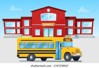 Modern bright yellow bus in front of red brick school building. Educational institution, car, vehicle, automobile driving on city road vector illustration. Back to school concept. Flat cartoon