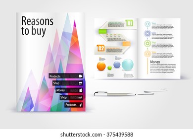 Modern brochure. Color application booklet template design for corporate identity with statistics and infographics. Cover layout and infographics. Business stationery.
