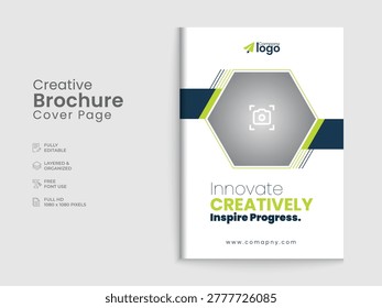 Modern brochure cover page with hexagonal placeholder for featuring green, blue, and gray geometric accents and inspiring textual