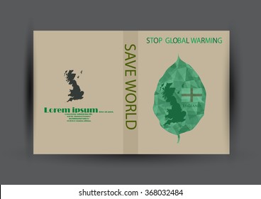 Modern Brochure design with country and map template.England flag with green leaf polygonal for magazine design.Paper for eyes style with message "Stop Global Warming"