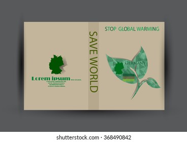 Modern Brochure design with country and map template.Germany flag with green leaf polygonal for magazine design.Paper for eyes style with message "Stop Global Warming"