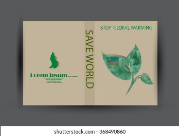 Modern Brochure design with country and map template.Liechtenstein flag with green leaf polygonal for magazine design.Paper for eyes style with message "Stop Global Warming"