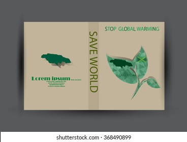 Modern Brochure design with country and map template.Jamaica flag with green leaf polygonal for magazine design.Paper for eyes style with message "Stop Global Warming"