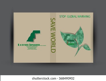Modern Brochure design with country and map template.Western Sahara flag with green leaf polygonal for magazine design.Paper for eyes style with message "Stop Global Warming"