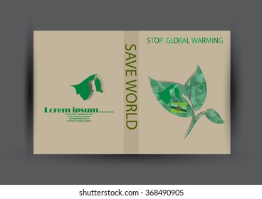 Modern Brochure design with country and map template.Brunei flag with green leaf polygonal for magazine design.Paper for eyes style with message "Stop Global Warming"