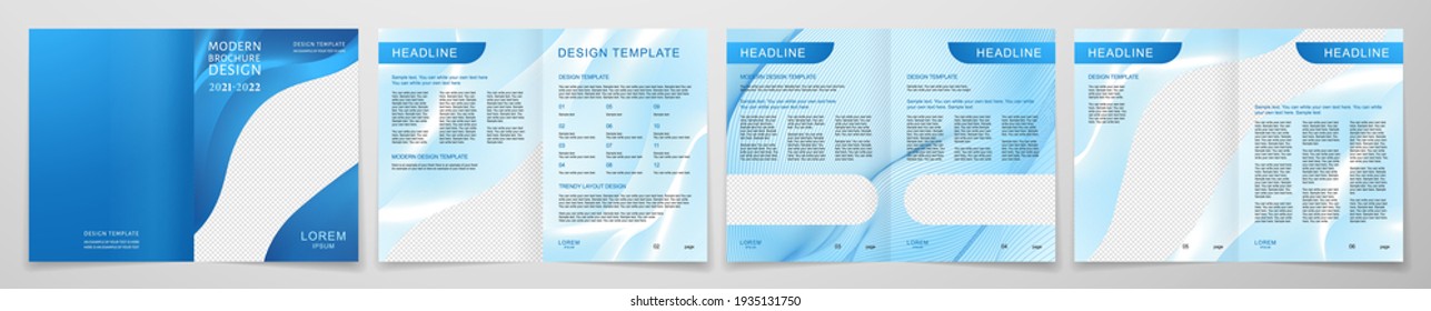 Modern brochure design layout. Blue abstract futuristic line pattern (guilloche curves) on background. Creative digital wavy stripe vector for business booklet, contemporary catalog, magazine template