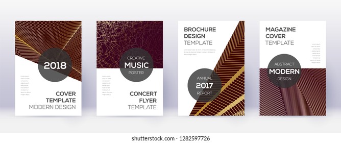 Modern brochure design template set. Gold abstract lines on bordo background. Awesome brochure design. Graceful catalog, poster, book template etc.