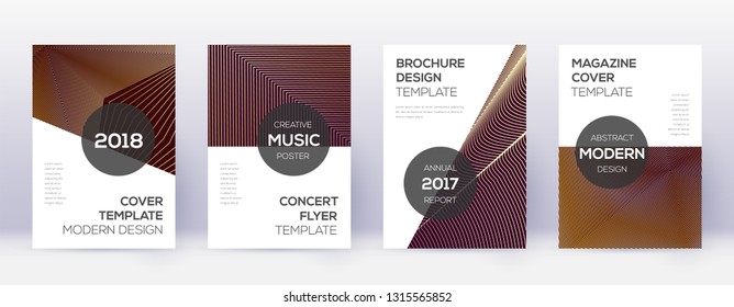 Modern brochure design template set. Gold abstract lines on bordo background. Awesome brochure design. Flawless catalog, poster, book template etc.