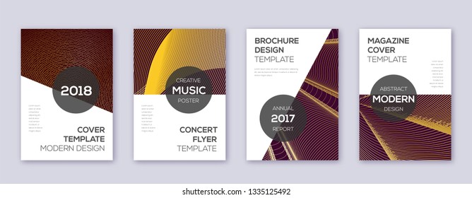Modern brochure design template set. Gold abstract lines on bordo background. Awesome brochure design. Exquisite catalog, poster, book template etc.