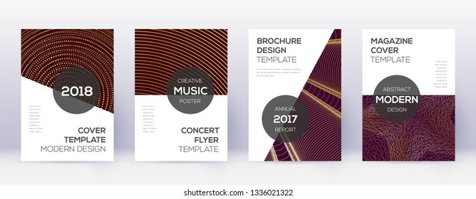 Modern brochure design template set. Gold abstract lines on bordo background. Awesome brochure design. Gorgeous catalog, poster, book template etc.