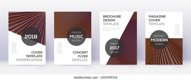 Modern brochure design template set. Gold abstract lines on bordo background. Awesome brochure design. Grand catalog, poster, book template etc.