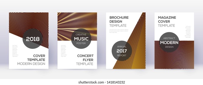 Modern brochure design template set. Gold abstract lines on bordo background. Awesome brochure design. Fantastic catalog, poster, book template etc.