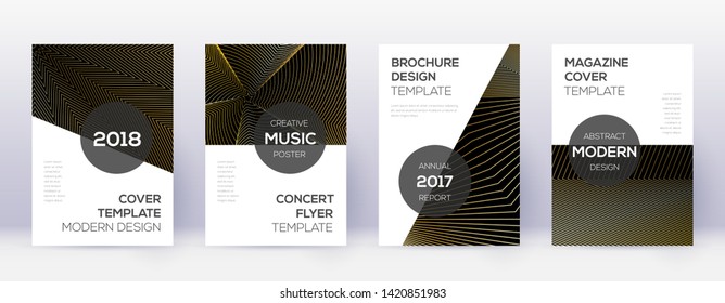 Modern brochure design template set. Gold abstract lines on black background. Awesome brochure design. Dazzling catalog, poster, book template etc.
