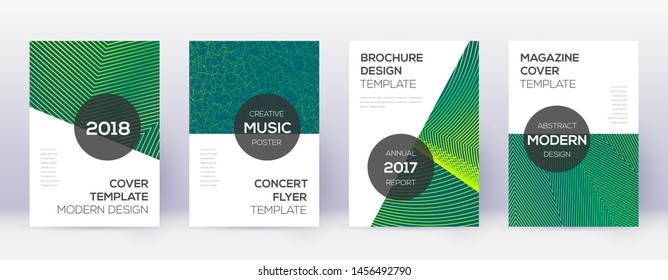 Modern brochure design template set. Green abstract lines on dark background. Awesome brochure design. Memorable catalog, poster, book template etc.