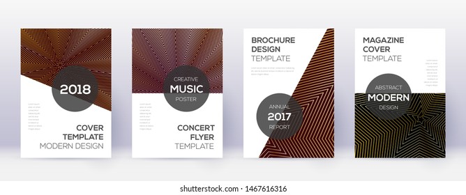 Modern brochure design template set. Gold abstract lines on bordo background. Awesome brochure design. Favorable catalog, poster, book template etc.