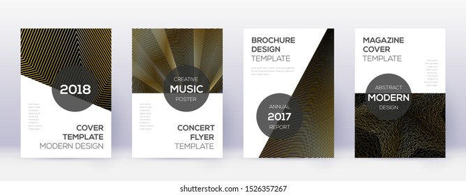 Modern brochure design template set. Gold abstract lines on black background. Awesome brochure design. Cool catalog, poster, book template etc.