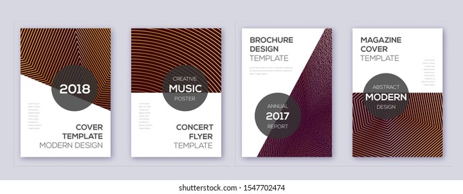 Modern brochure design template set. Gold abstract lines on bordo background. Awesome brochure design. Fair catalog, poster, book template etc.