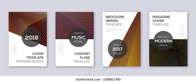 Modern brochure design template set. Gold abstract lines on bordo background. Awesome brochure design. Exotic catalog, poster, book template etc.