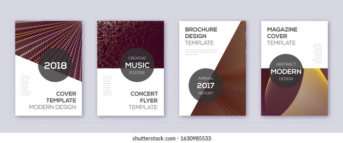 Modern brochure design template set. Gold abstract lines on bordo background. Awesome brochure design. Exceptional catalog, poster, book template etc.