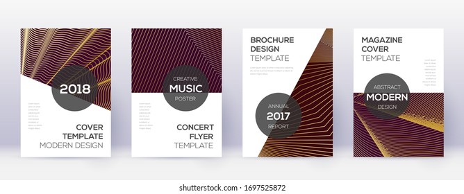 Modern brochure design template set. Gold abstract lines on bordo background. Awesome brochure design. Fine catalog, poster, book template etc.