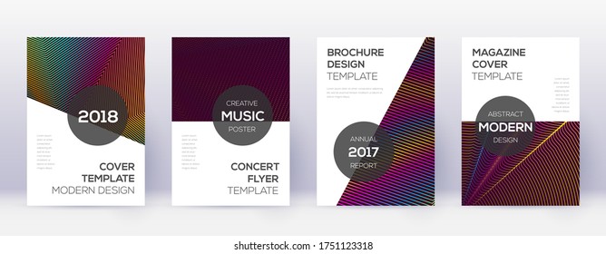 Conjunto moderno de plantillas de diseño de folletos. Líneas abstractas del arcoiris sobre fondo rojo del vino. Hermoso diseño de folletos. Obteniendo catálogo, afiche, plantilla de libro, etc.