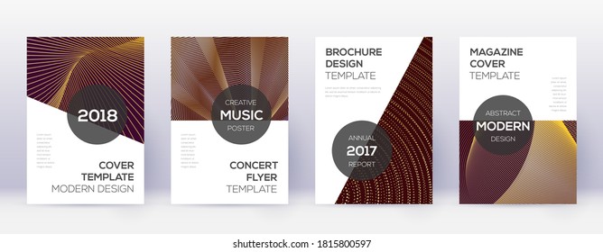 Modern brochure design template set. Gold abstract lines on bordo background. Awesome brochure design. Glamorous catalog, poster, book template etc.