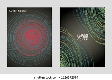 Modern brochure design templates vector set. Cover page layouts with circle curve lines. Party posters templates, flyers, business brochure layouts design with rounded lines, circle curves backgrounds