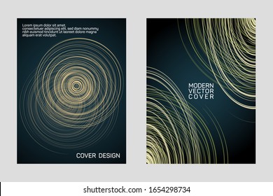 Modern brochure design templates vector set. Cover page layouts with circle curve lines. 