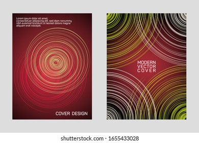 Modern brochure design templates vector set. Cover page layouts with circle curve lines. Party posters templates, flyers, business brochure layouts design with rounded lines, circle curves backgrounds