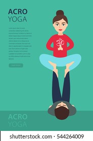 Modern Brochure Flyer design template in A4. Young couple practicing acroyoga. Throne pose. Vector flat illustration. Can be adapt to Magazine, Poster, Flyer, Banner, Website.