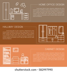 Modern brochure flyer design template with line interior icons. Home office, hallway, cabinet vector illustrations. Business magazine, poster, banner, website.