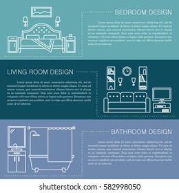 Modern brochure flyer design template with line interior icons. Bedroom, living room, bathroom vector illustrations. Business magazine, poster, banner, website.