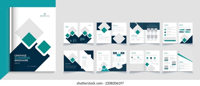 Modern brochure template design with blue gradient shapes, multi pages business brochure design 16 page
