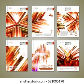 Modern brochure template design with orange abstract geometric backgrounds. Cover layout and info graphics. Fire colors. Business brochure design set. 