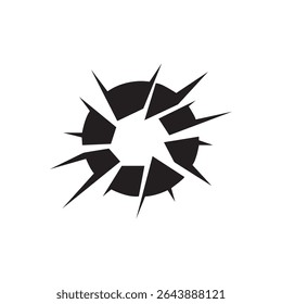 A modern broken circle logo featuring sharp, angular edges for a bold and dynamic visual impact. The design is composed of crisp white geometric segments arranged on a solid black background, creating